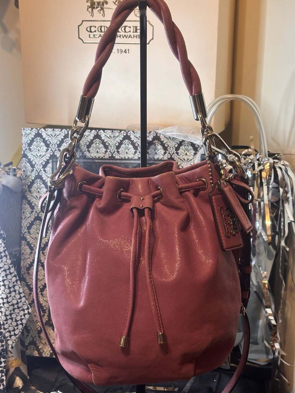 Coach Madison Marielle Pink Leather Drawstring Shoulder Bag Purse.